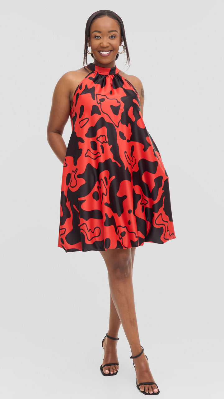 Vivo Iyana Bubble Mini Dress in Satin - Red / Black Riwa Print