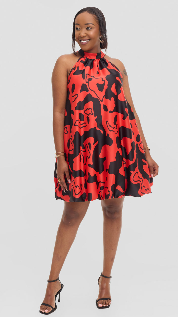 Vivo Iyana Bubble Mini Dress in Satin - Red / Black Riwa Print
