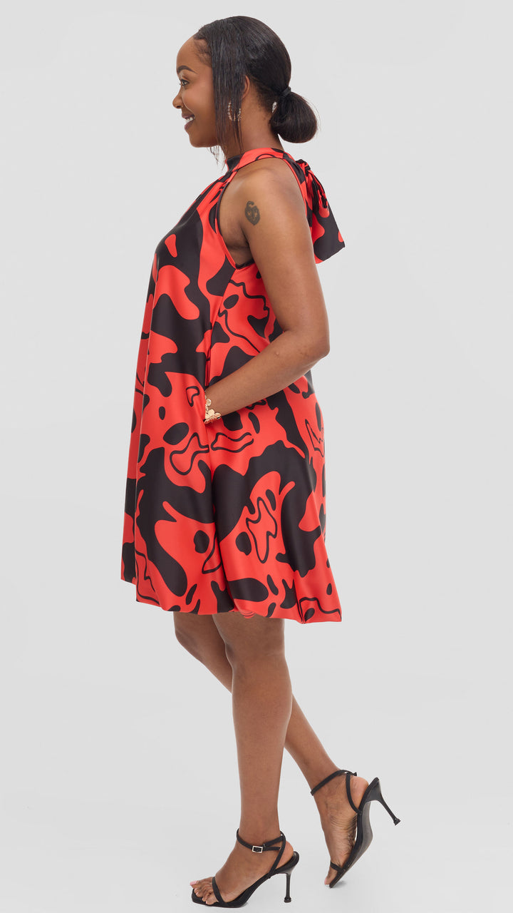 Vivo Iyana Bubble Mini Dress in Satin - Red / Black Riwa Print