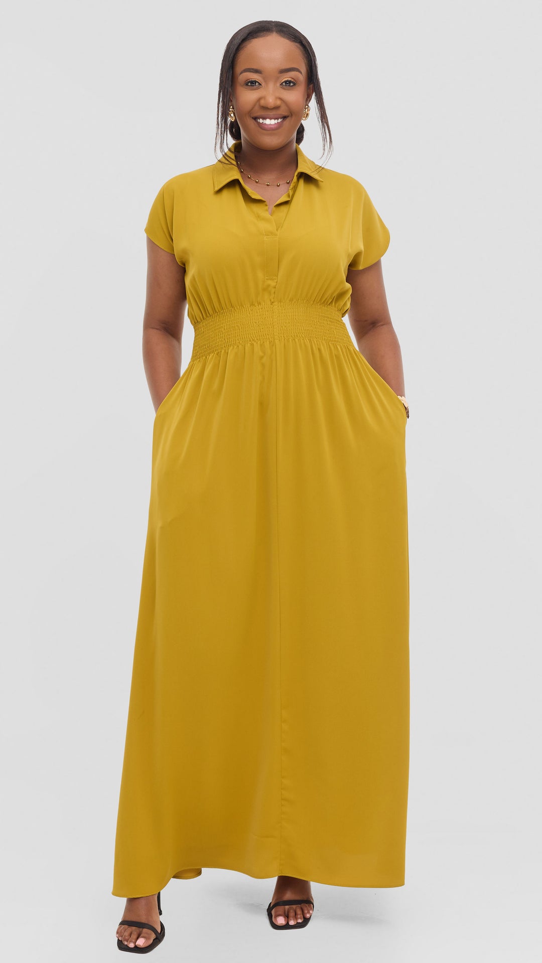 Vivo Zena Shirred Waist Maxi Shirt Dress in Crepe - Light Olive