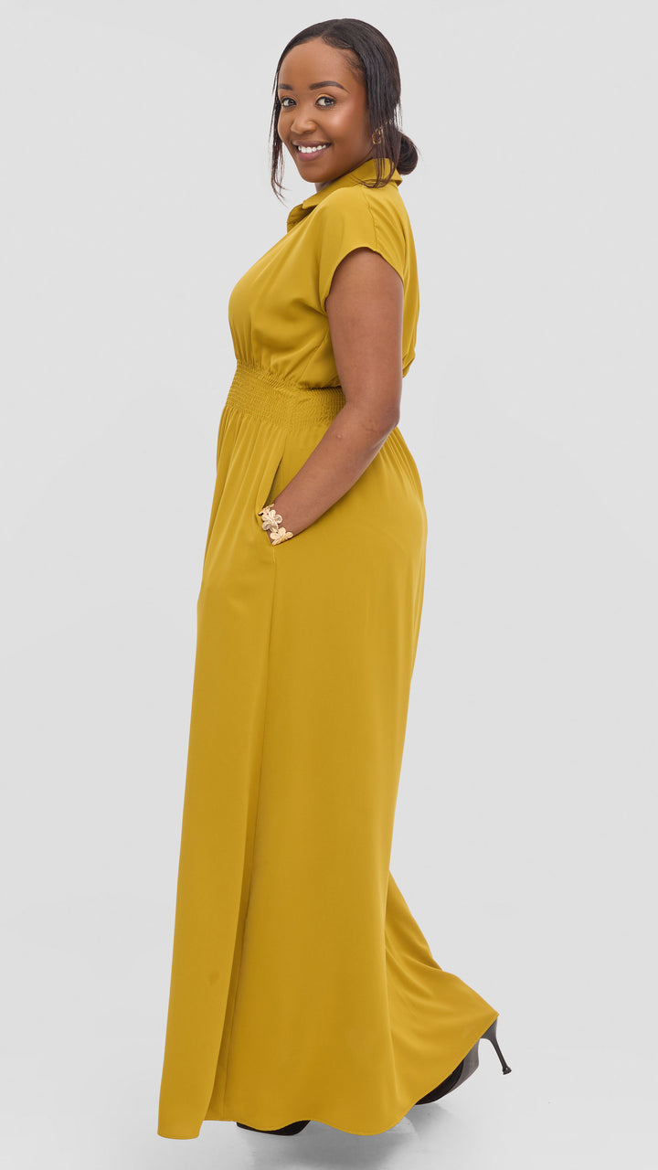 Vivo Zena Shirred Waist Maxi Shirt Dress in Crepe - Light Olive