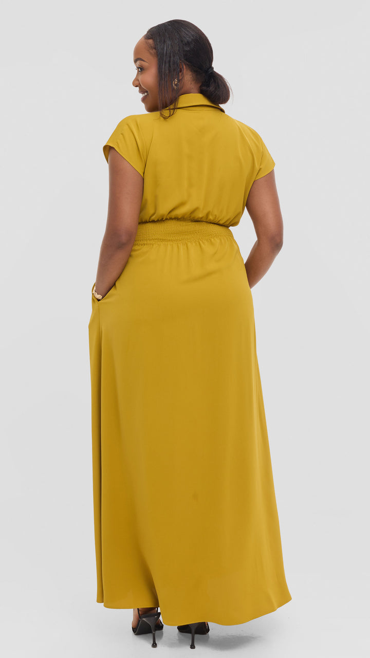 Vivo Zena Shirred Waist Maxi Shirt Dress in Crepe - Light Olive