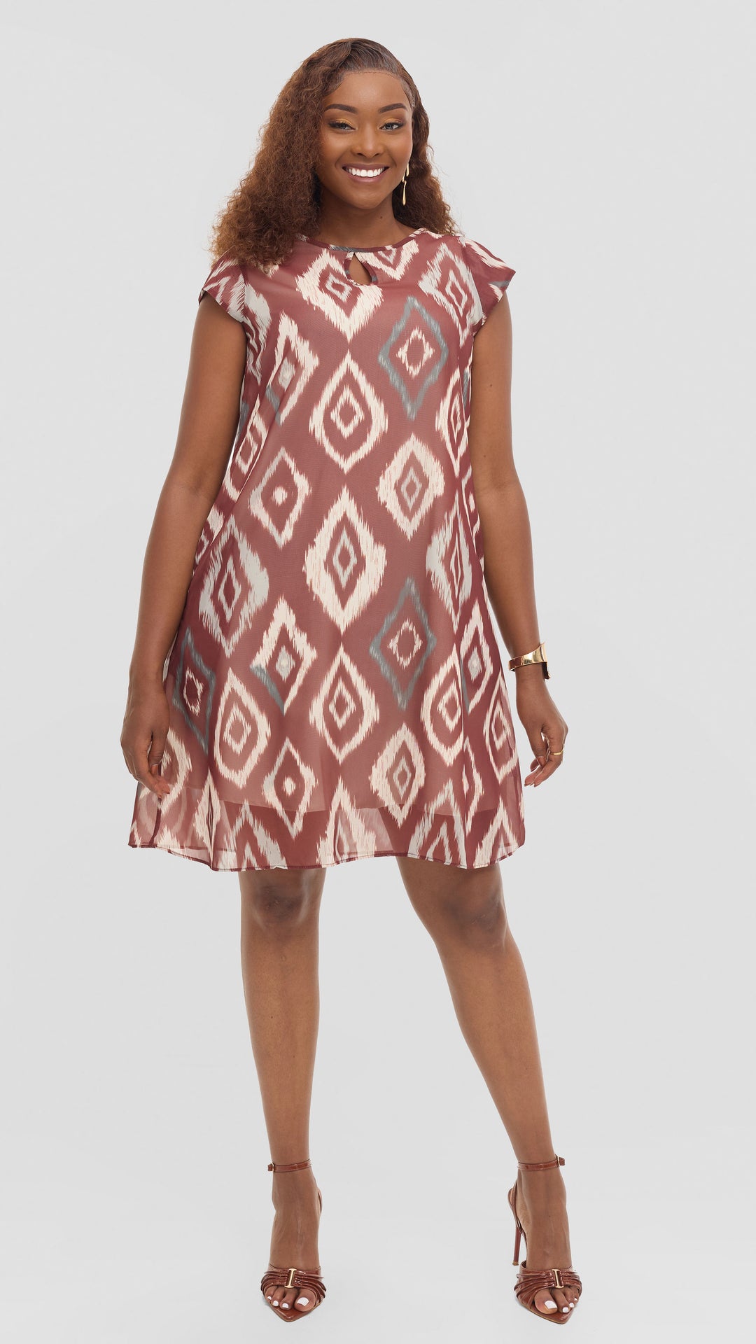 Vivo Sierra Cap Sleeve Tent Chiffon Dress - Maroon Textured Print