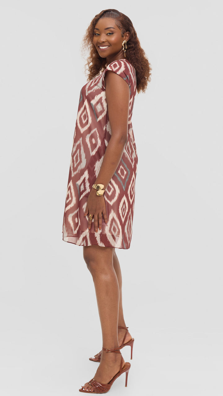 Vivo Sierra Cap Sleeve Tent Chiffon Dress - Maroon Textured Print