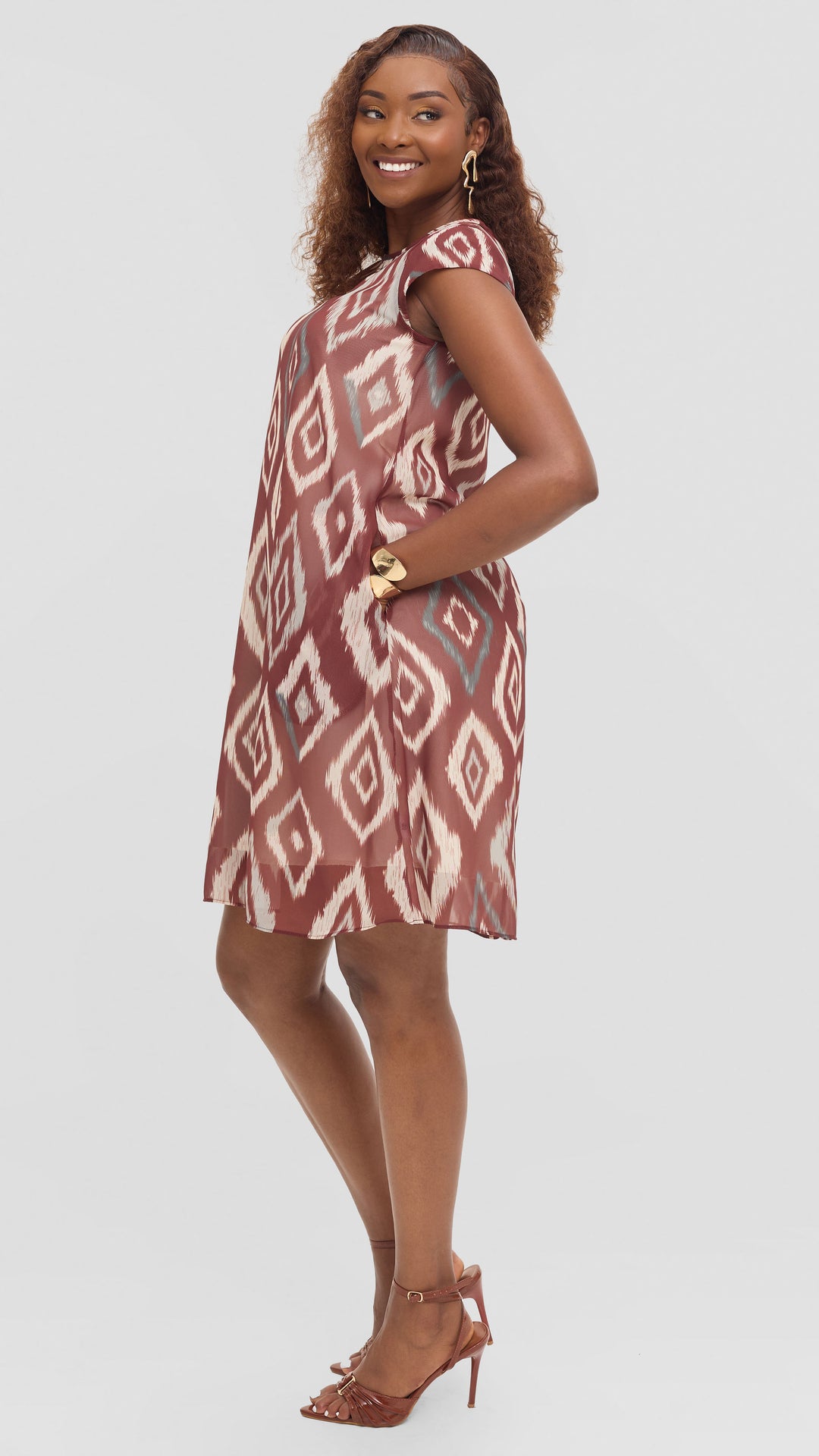 Vivo Sierra Cap Sleeve Tent Chiffon Dress - Maroon Textured Print