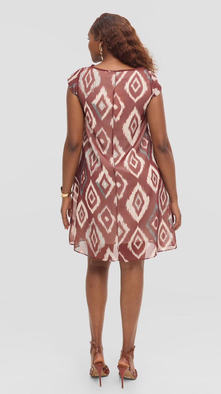 Vivo Sierra Cap Sleeve Tent Chiffon Dress - Maroon Textured Print