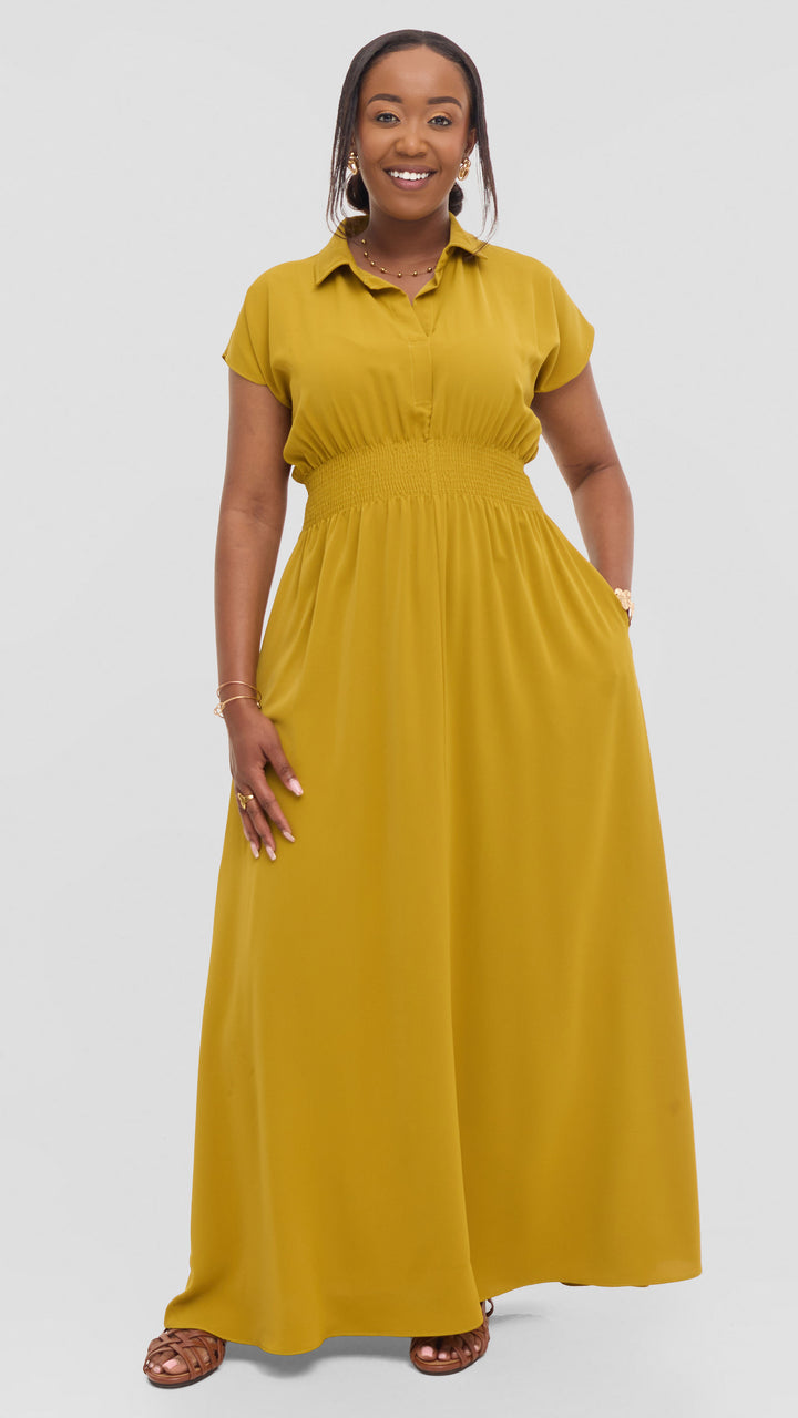 Vivo Zena Shirred Waist Maxi Shirt Dress in Crepe - Light Olive