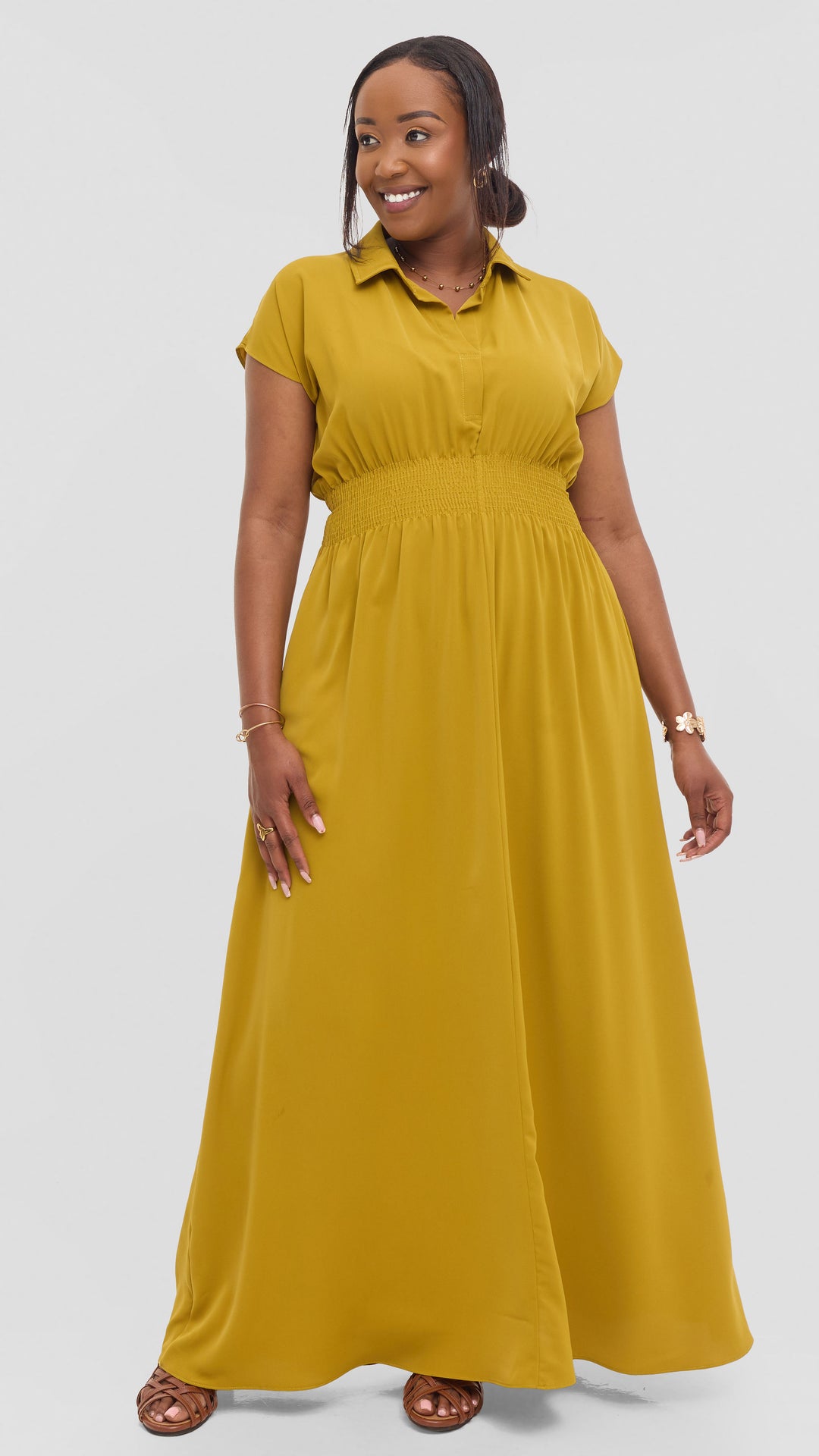 Vivo Zena Shirred Waist Maxi Shirt Dress in Crepe - Light Olive