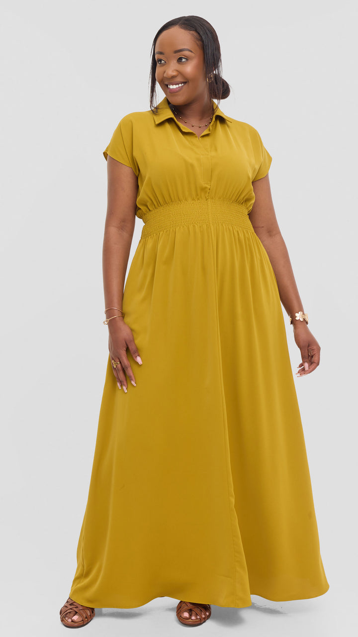 Vivo Zena Shirred Waist Maxi Shirt Dress in Crepe - Light Olive