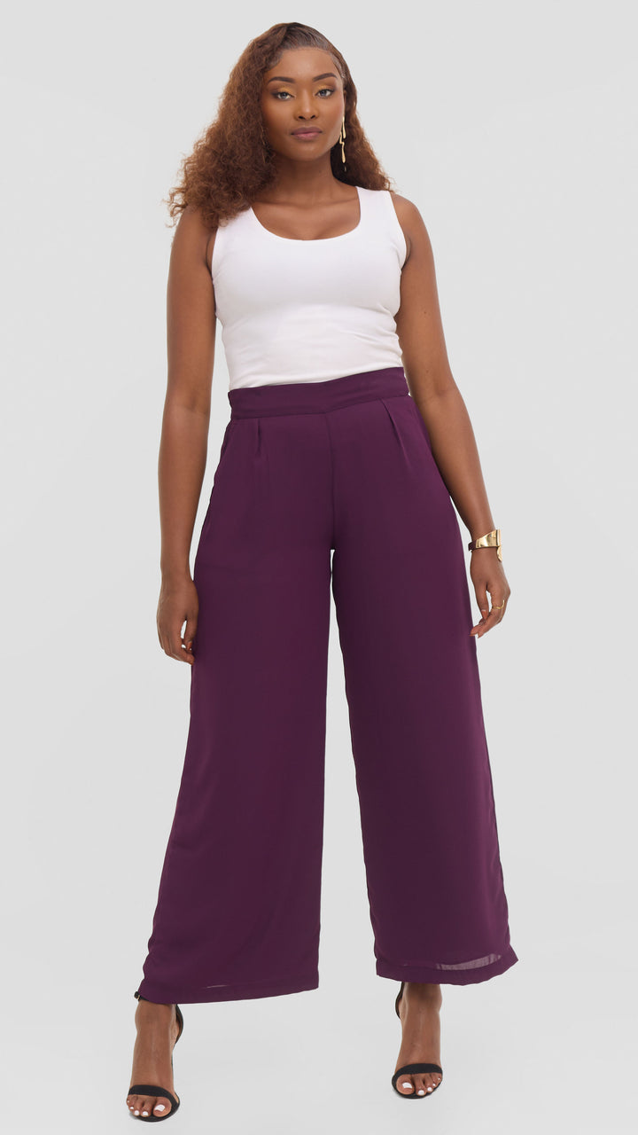 Vivo Asha Wide Leg Pants in Chiffon - Burgundy