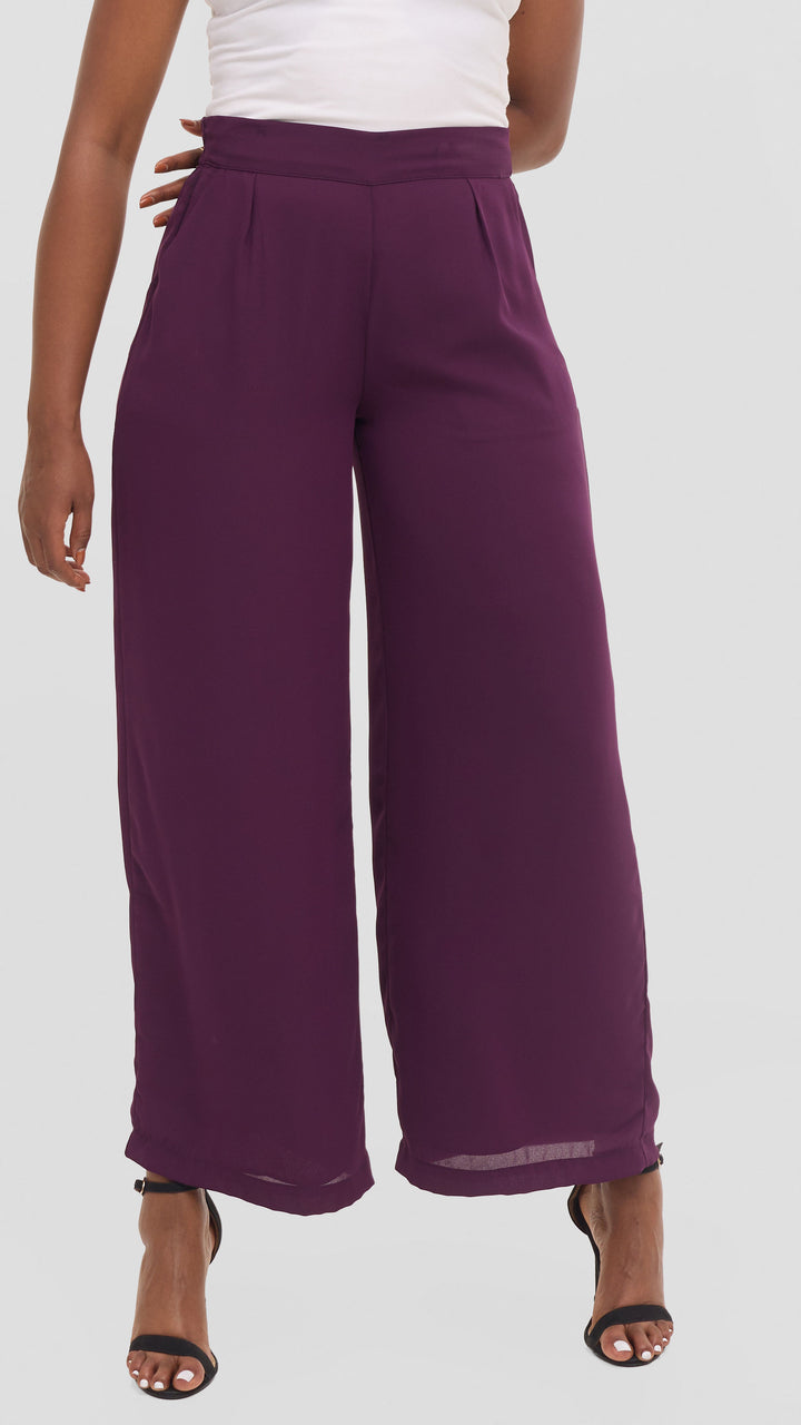Vivo Asha Wide Leg Pants in Chiffon - Burgundy