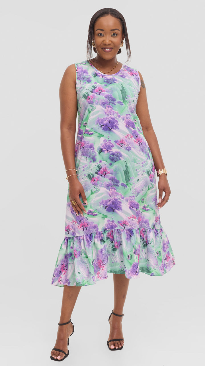Vivo Dalia SleevelessTie Midi Dress in Print Cotton - Purple Multicolor Print