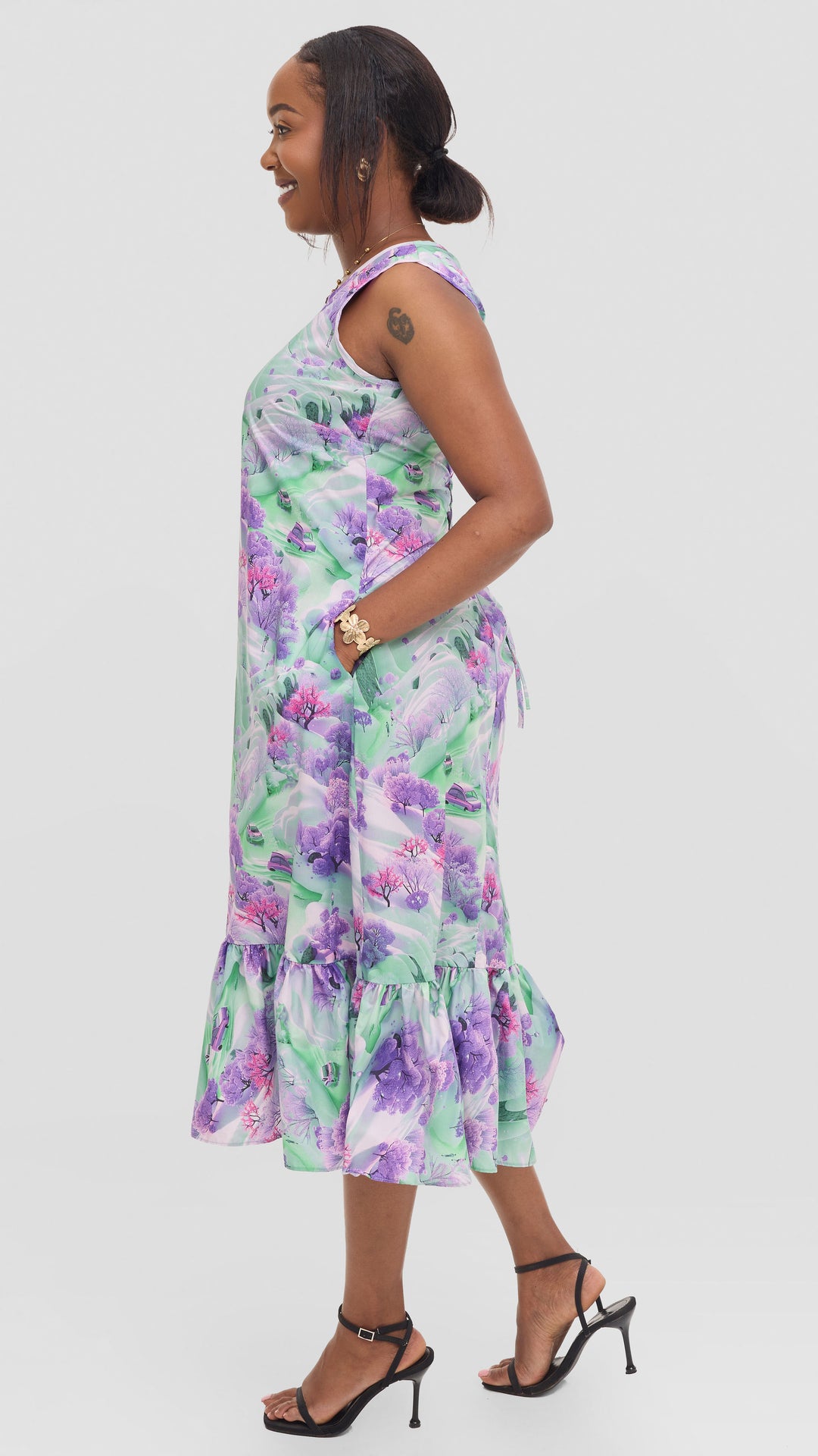 Vivo Dalia SleevelessTie Midi Dress in Print Cotton - Purple Multicolor Print