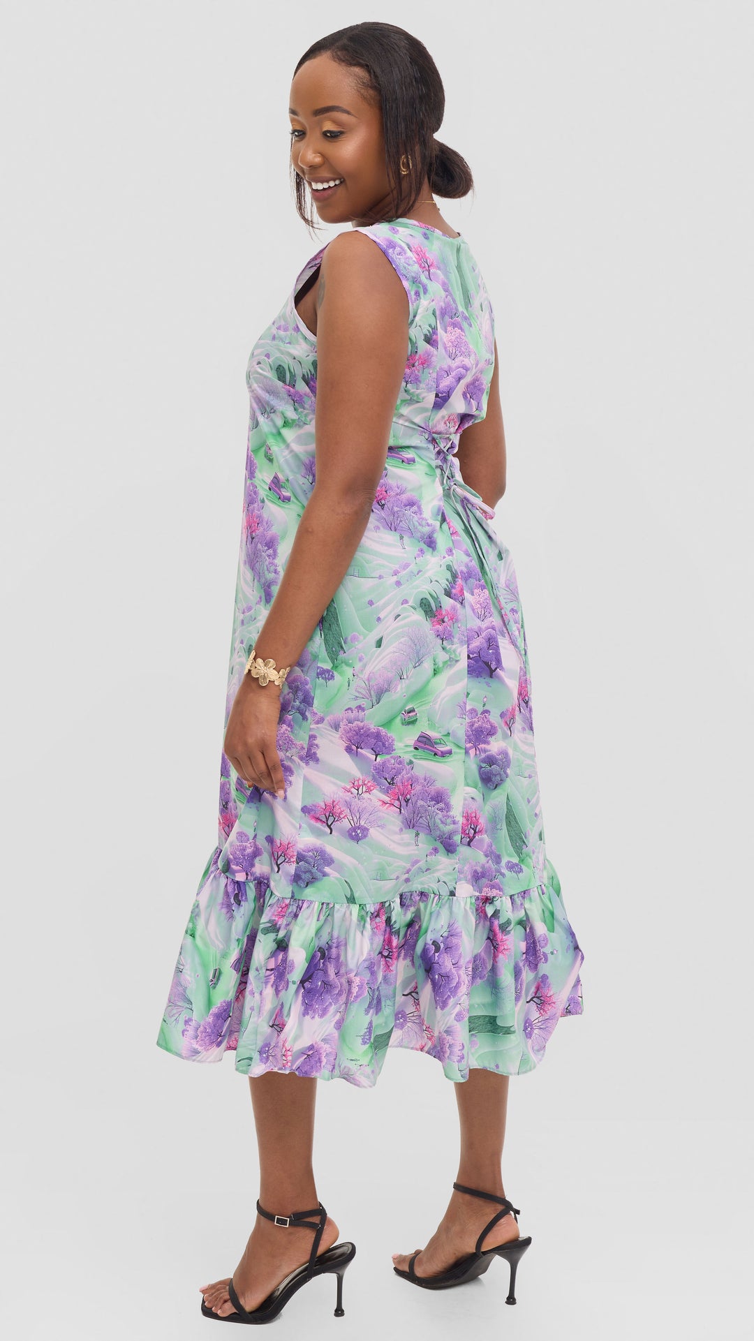 Vivo Dalia SleevelessTie Midi Dress in Print Cotton - Purple Multicolor Print