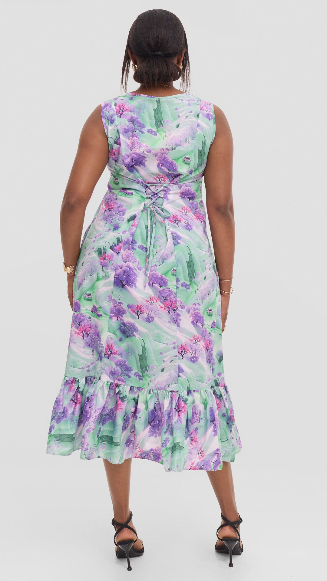 Vivo Dalia SleevelessTie Midi Dress in Print Cotton - Purple Multicolor Print