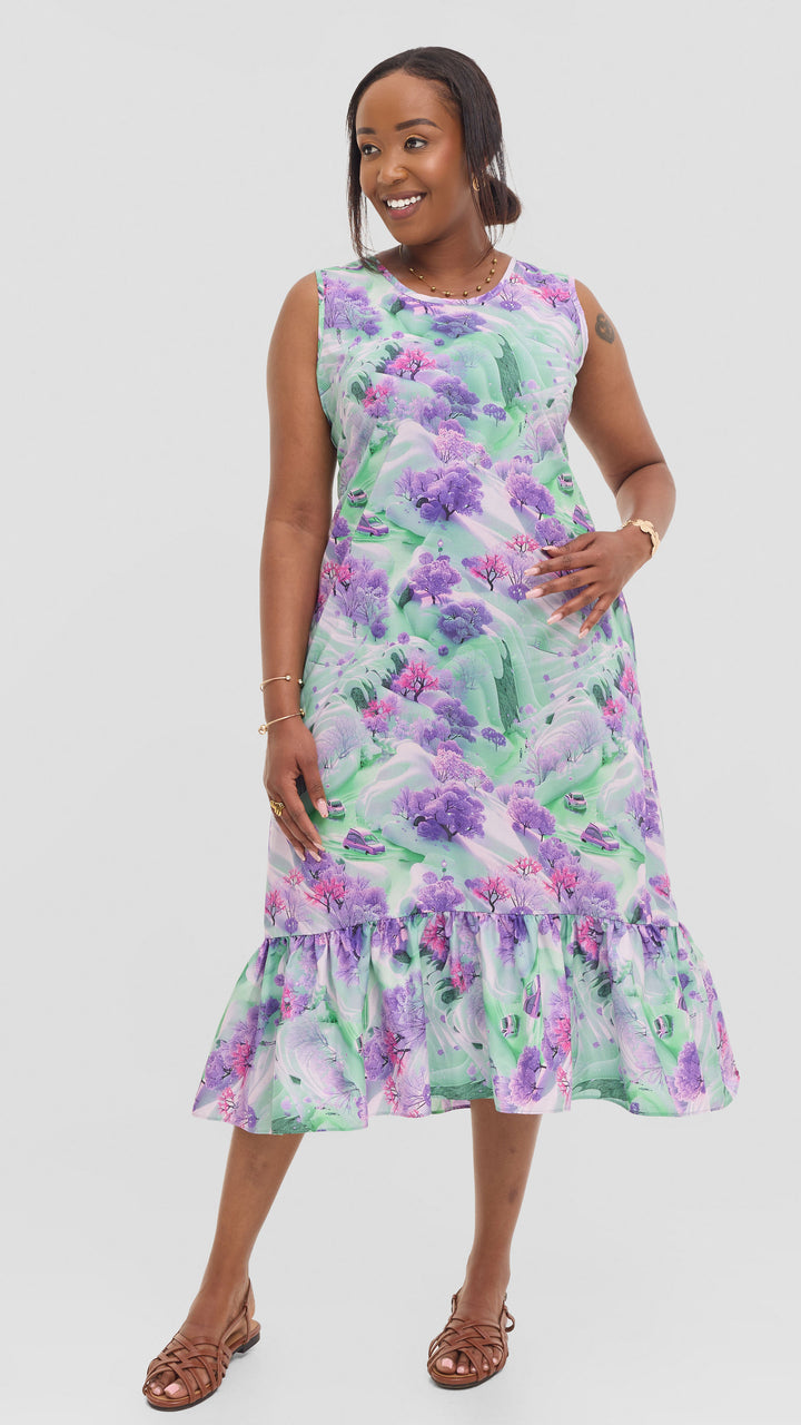 Vivo Dalia SleevelessTie Midi Dress in Print Cotton - Purple Multicolor Print