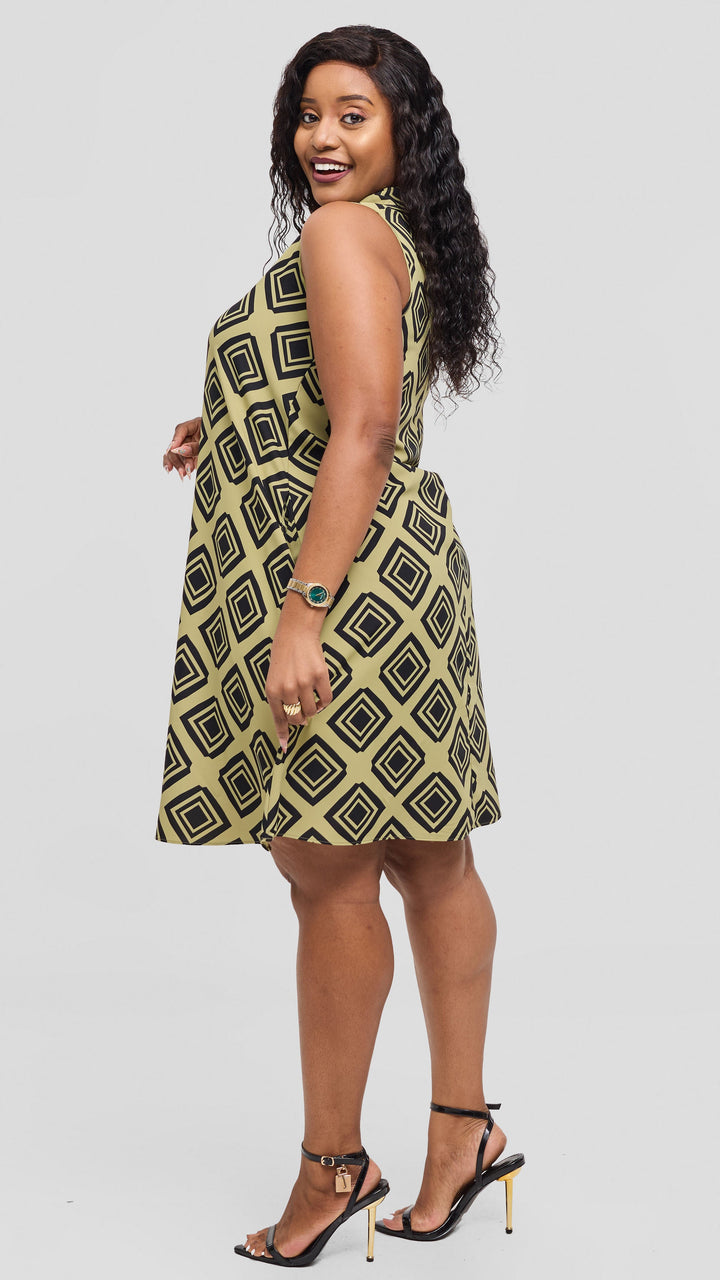 Vivo Asha Sleeveless Knee Length Dress In Crepe - Olive Green / Black Tori Print