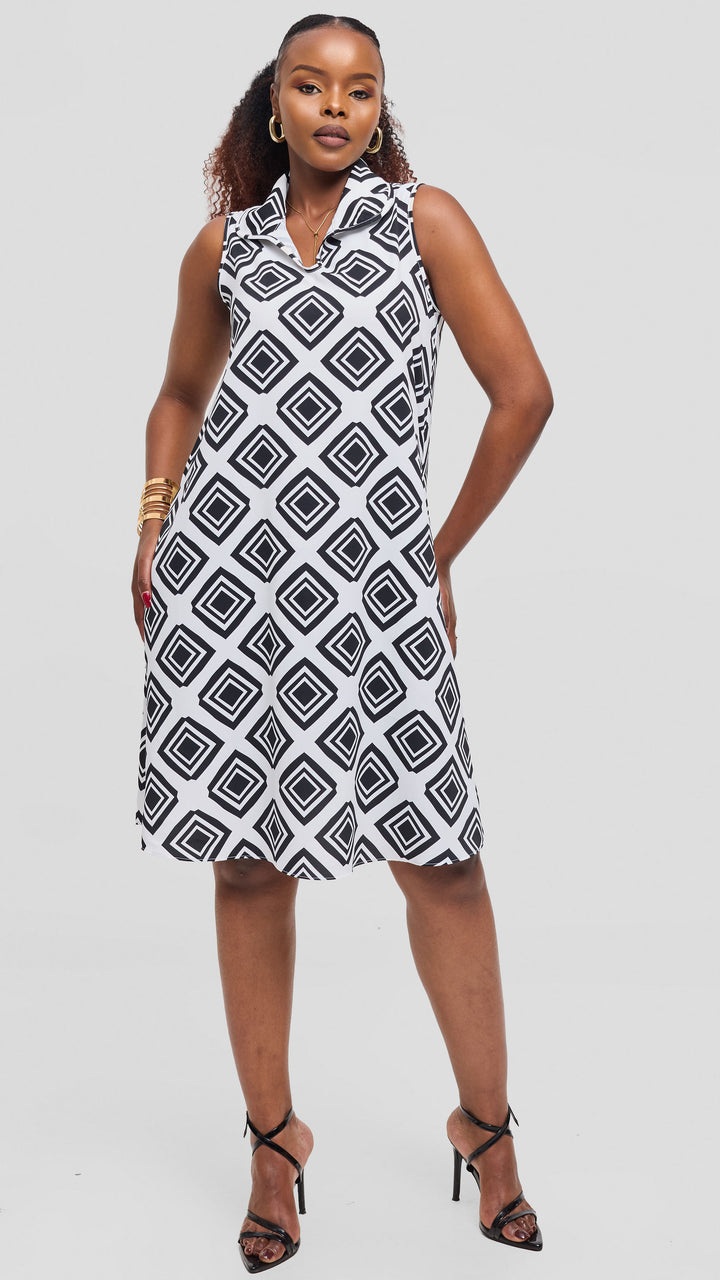 Vivo Asha Sleeveless Knee Length Dress In Crepe - White / Black Tori Print