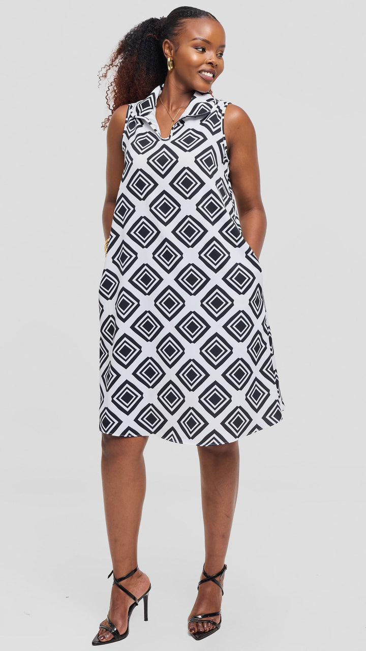 Vivo Asha Sleeveless Knee Length Dress In Crepe - White / Black Tori Print