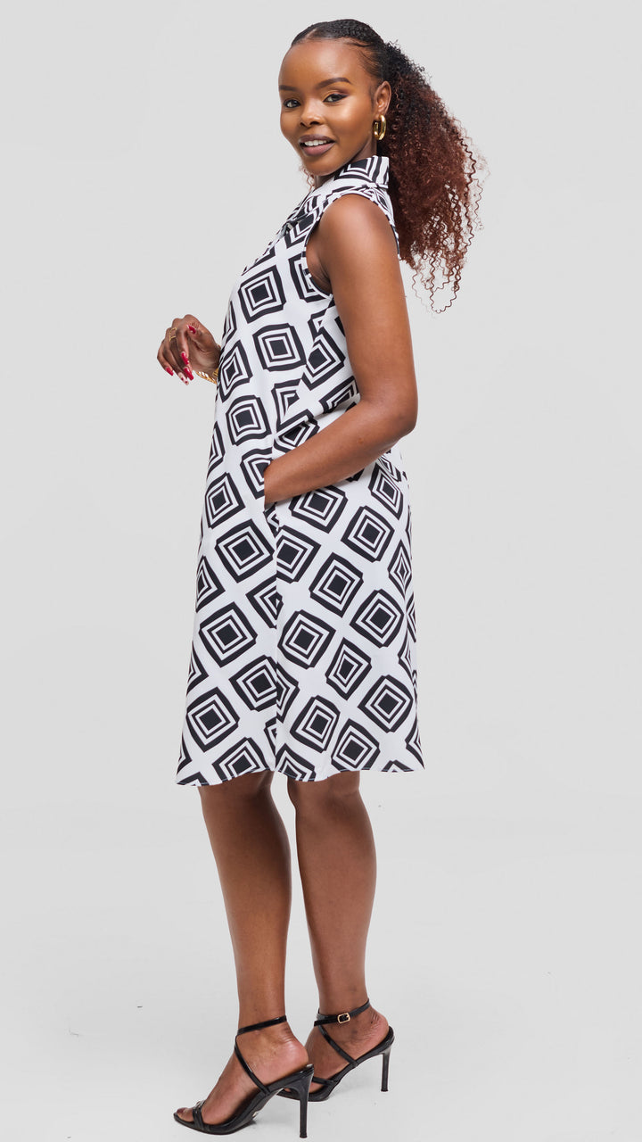 Vivo Asha Sleeveless Knee Length Dress In Crepe - White / Black Tori Print