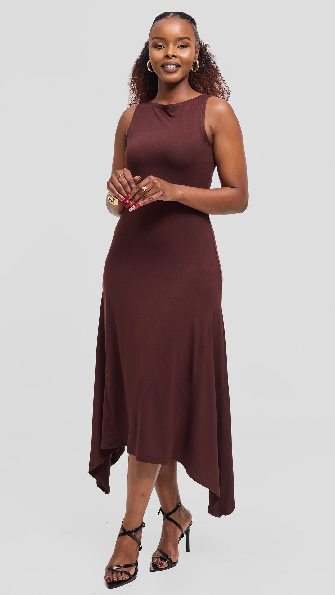 Vivo Sleeveless Godet Midi Dress in Jersey - Chocolate