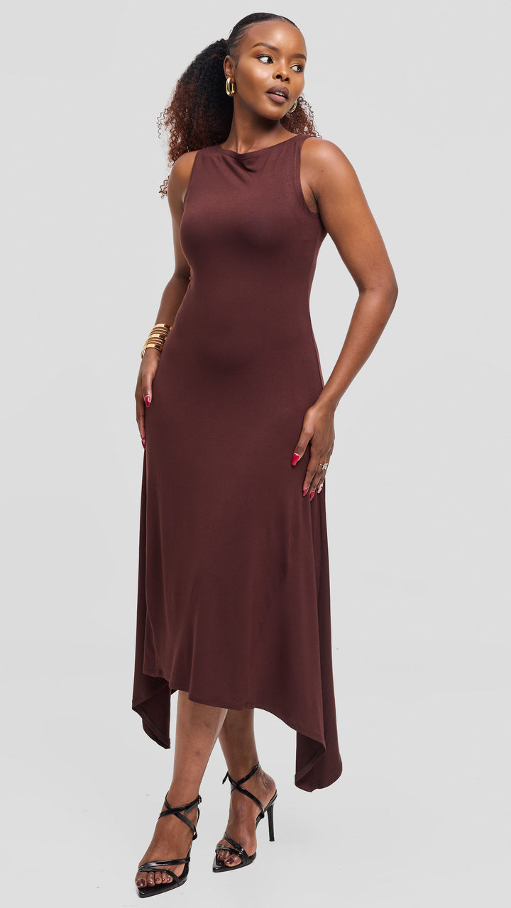 Vivo Sleeveless Godet Midi Dress in Jersey - Chocolate