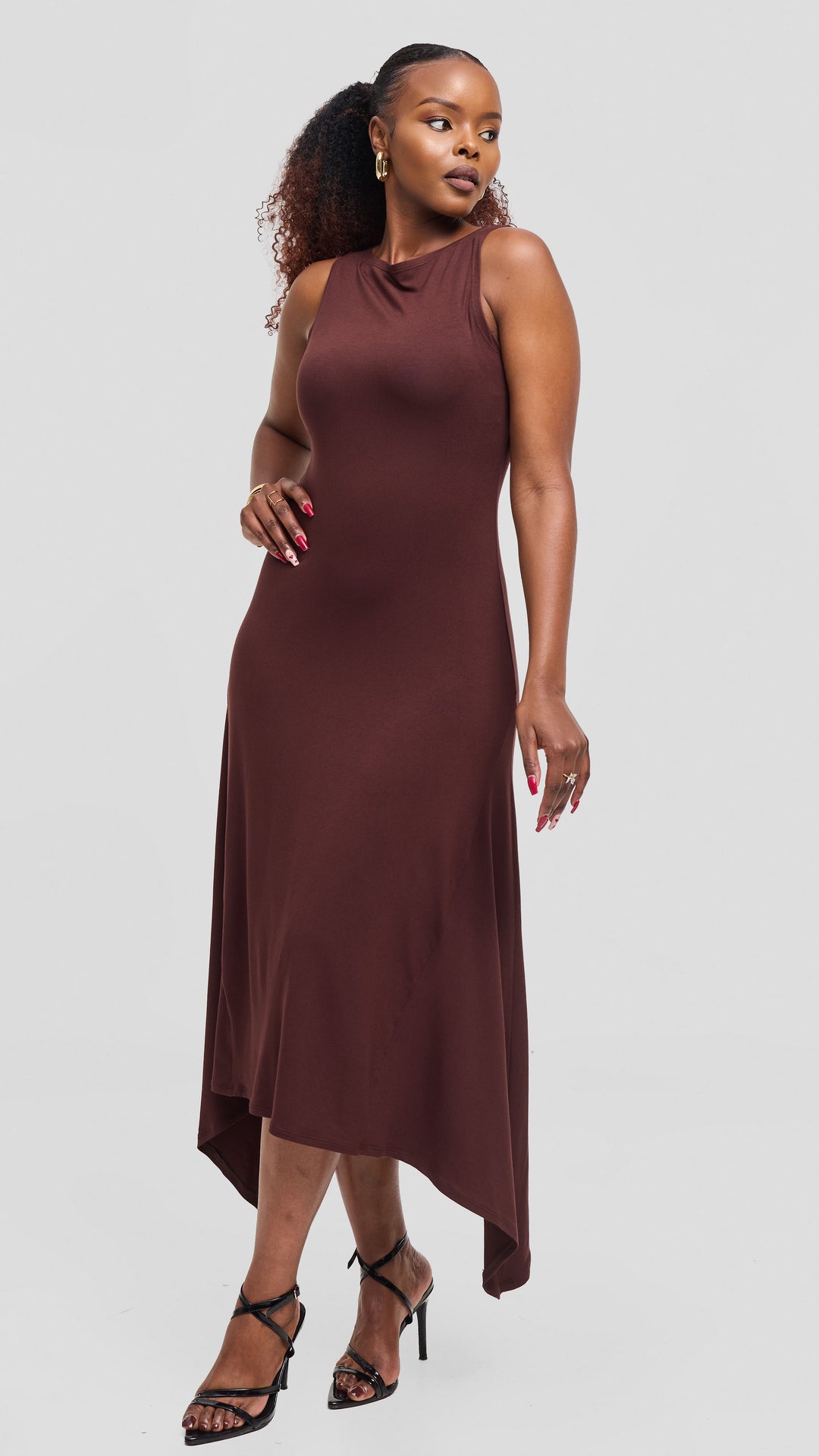 Vivo Sleeveless Godet Midi Dress in Jersey - Chocolate