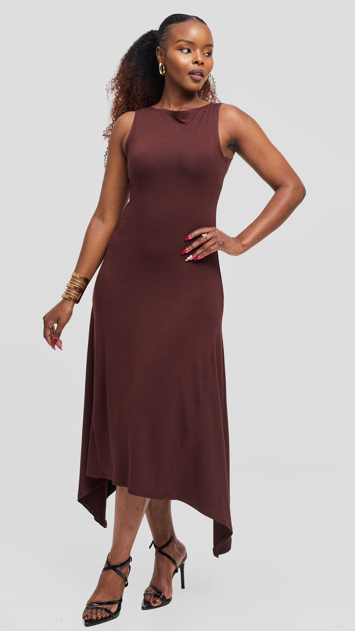 Vivo Sleeveless Godet Midi Dress in Jersey - Chocolate