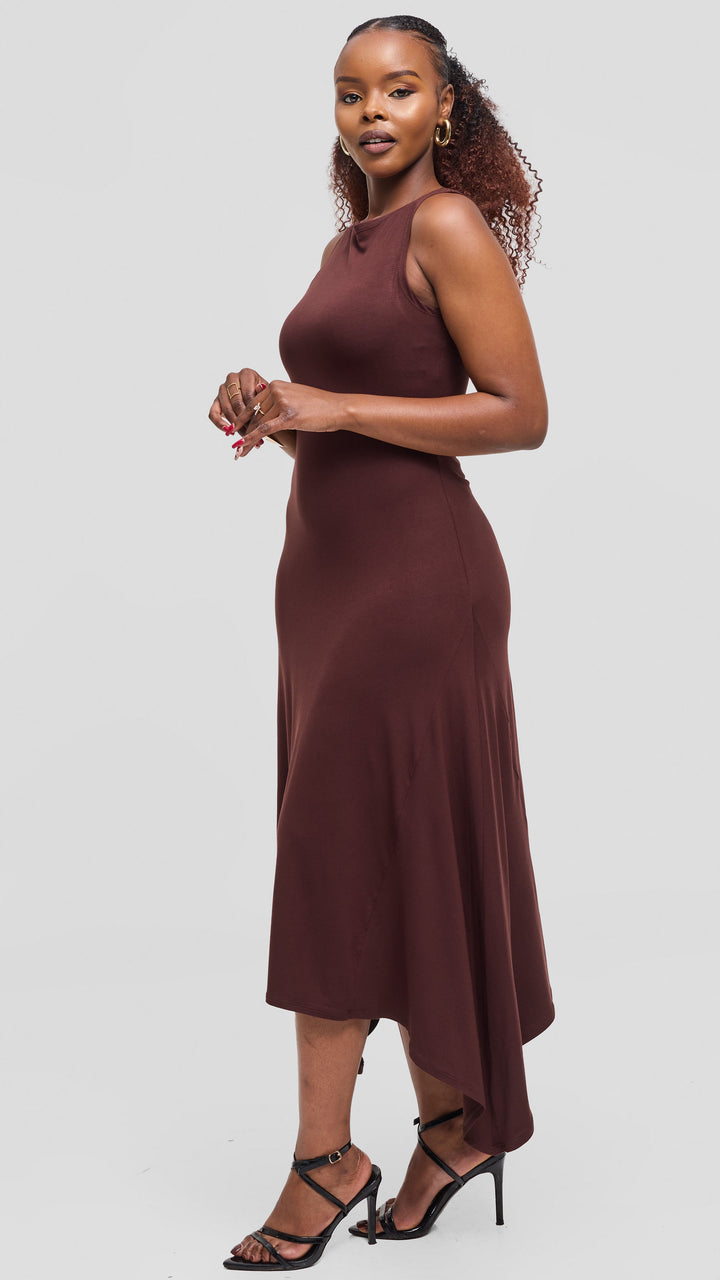 Vivo Sleeveless Godet Midi Dress in Jersey - Chocolate