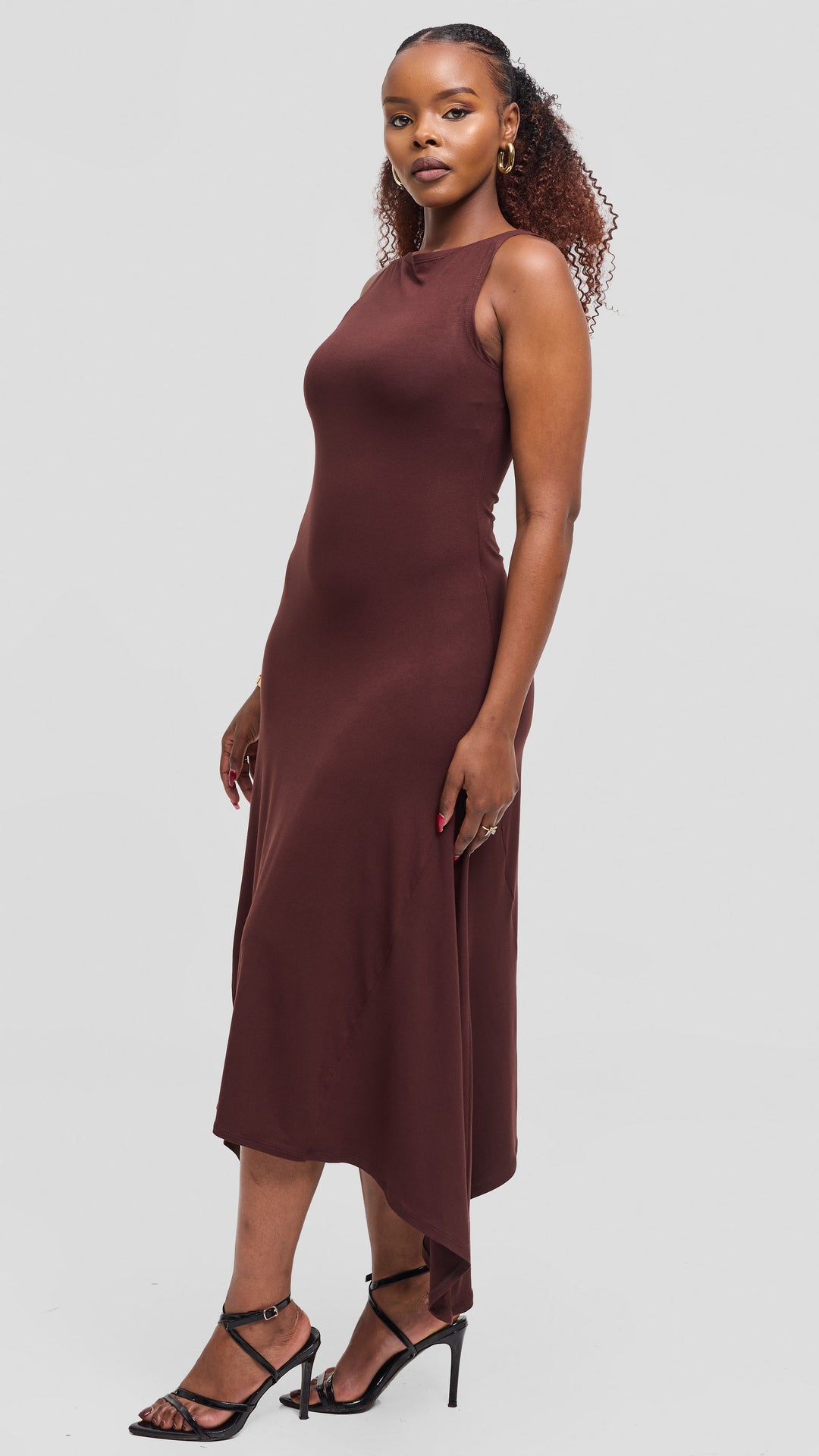 Vivo Sleeveless Godet Midi Dress in Jersey - Chocolate