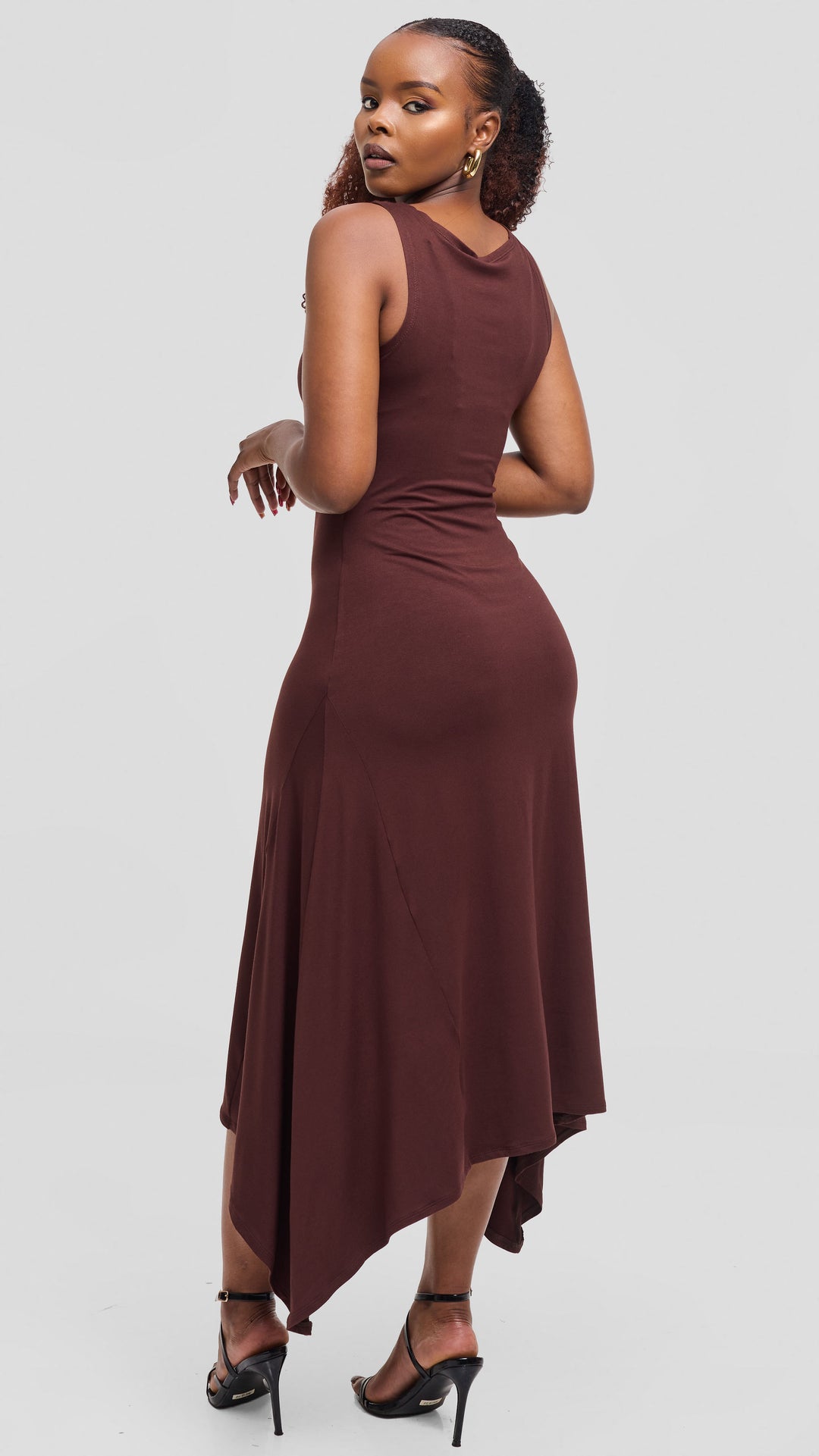 Vivo Sleeveless Godet Midi Dress in Jersey - Chocolate