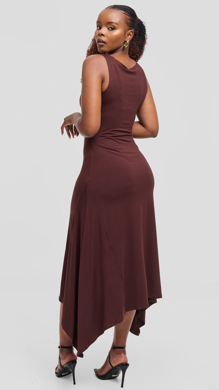 Vivo Sleeveless Godet Midi Dress in Jersey - Chocolate