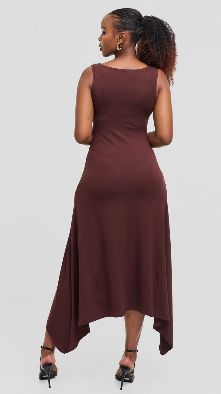 Vivo Sleeveless Godet Midi Dress in Jersey - Chocolate