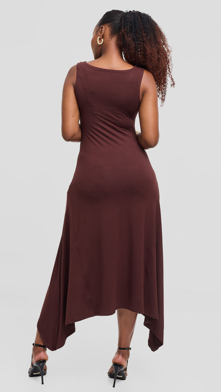 Vivo Sleeveless Godet Midi Dress in Jersey - Chocolate