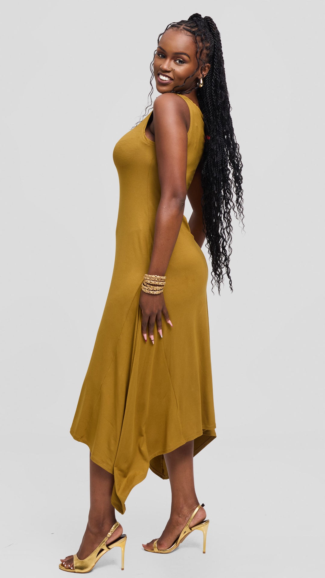 Vivo Sleeveless Godet Midi Dress in Jersey - Dark Olive