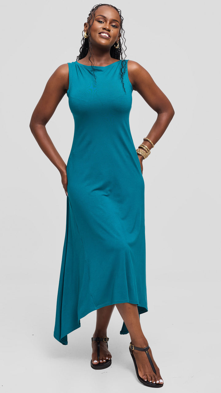 Vivo Sleeveless Godet Midi Dress in Jersey - Dark Teal