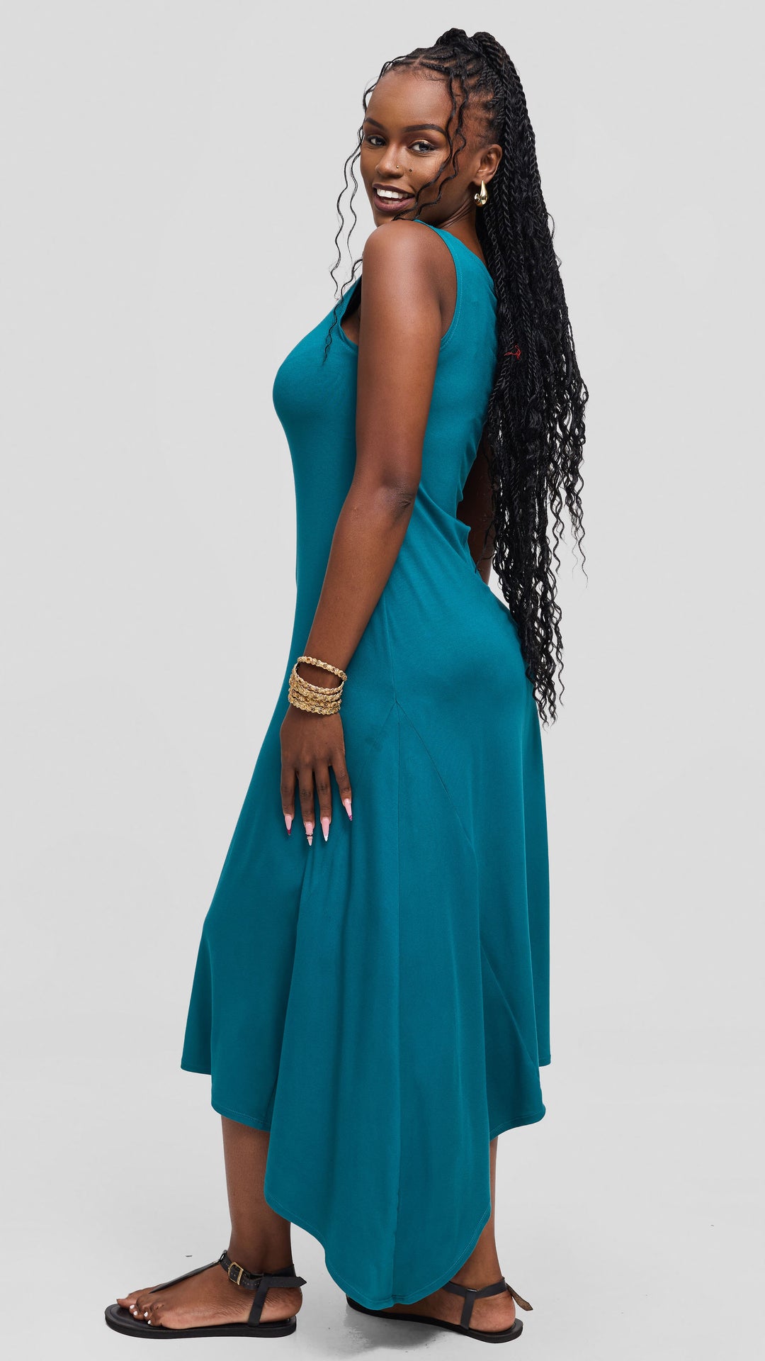 Vivo Sleeveless Godet Midi Dress in Jersey - Dark Teal