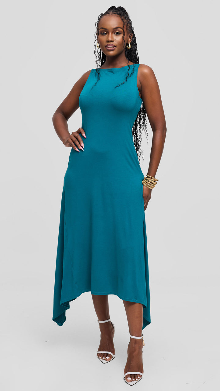 Vivo Sleeveless Godet Midi Dress in Jersey - Dark Teal