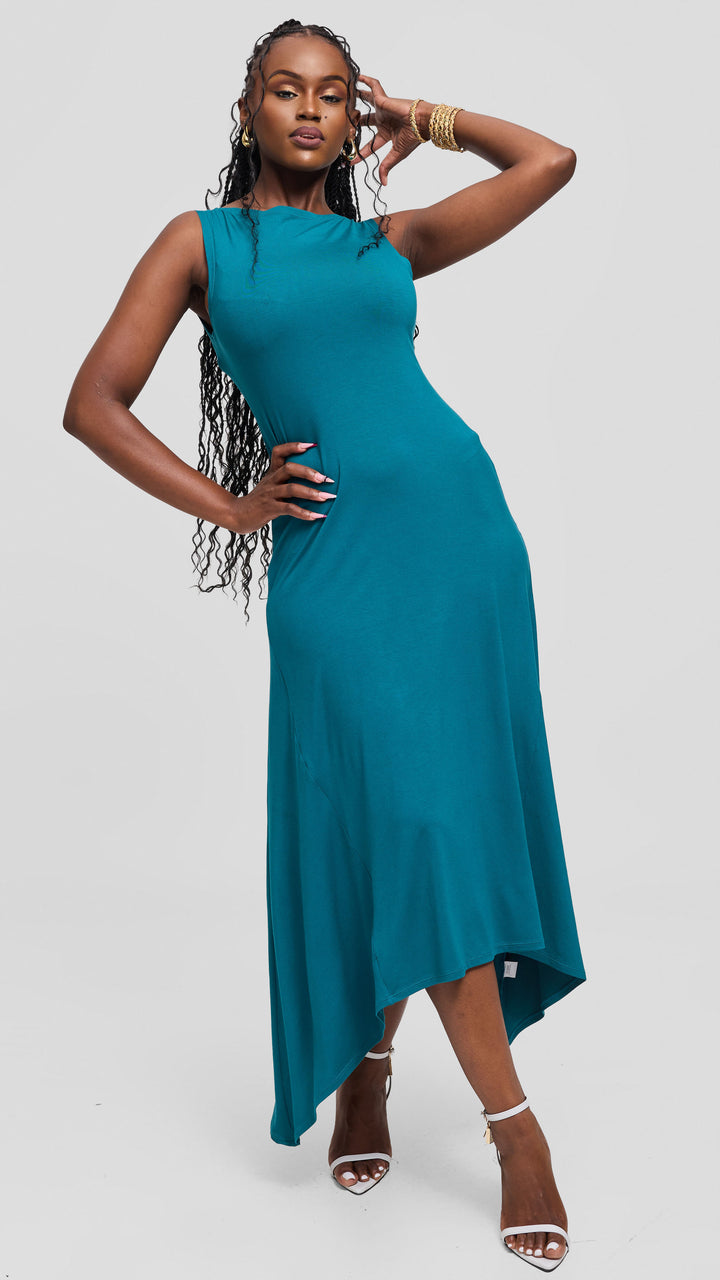 Vivo Sleeveless Godet Midi Dress in Jersey - Dark Teal