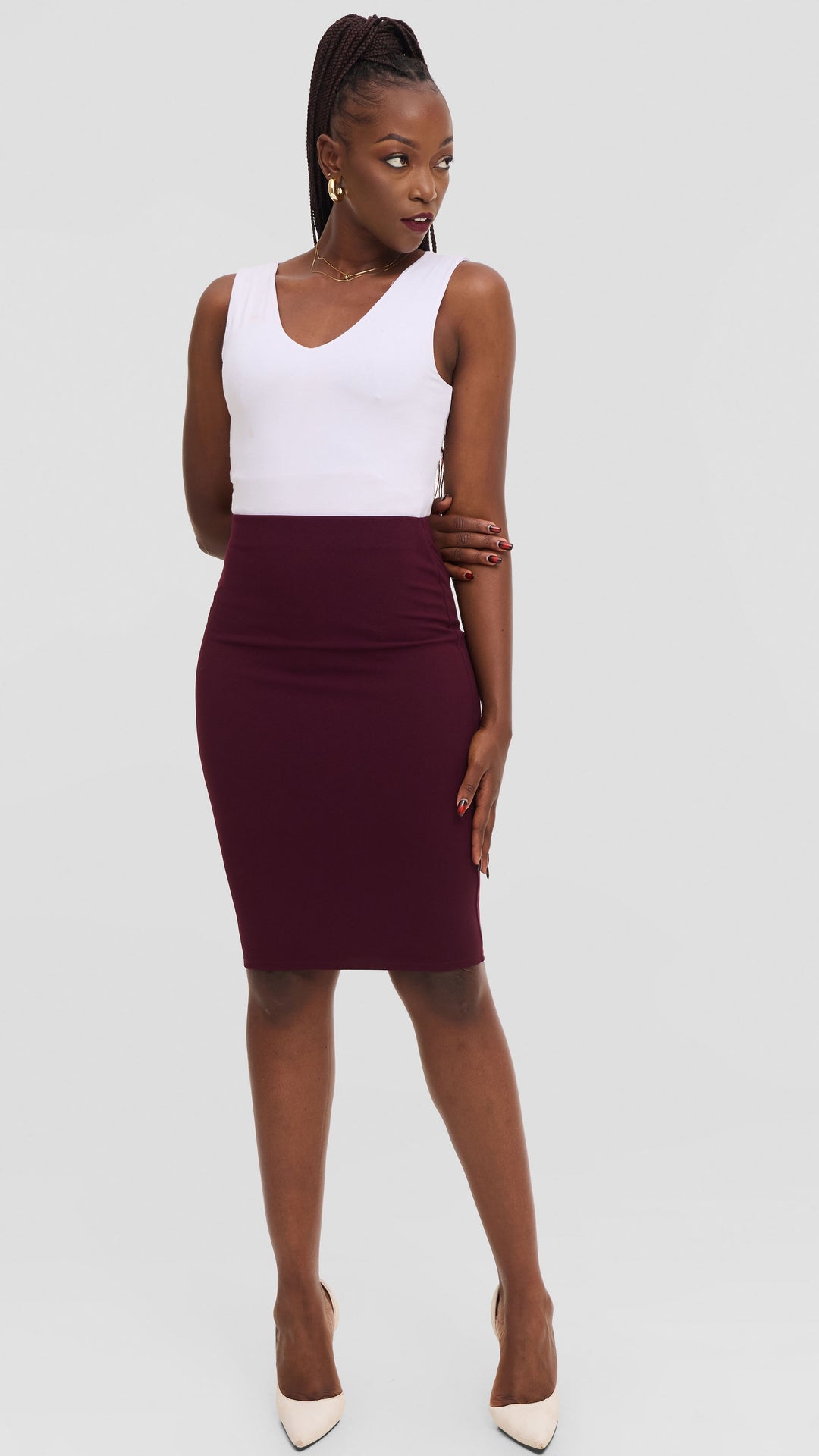 Vivo Pencil Skirt in Ponte - Burgundy