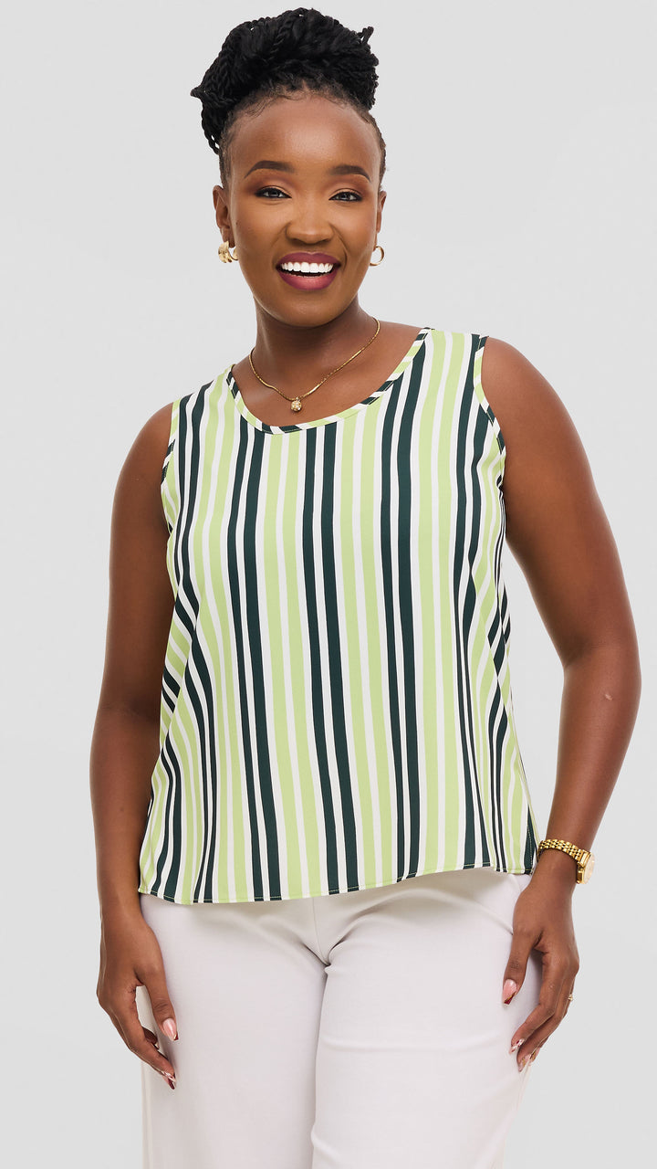 Vivo Liora Scooped Neck Tank Top in Crepe - Dark Green  / Lime  Yani Print