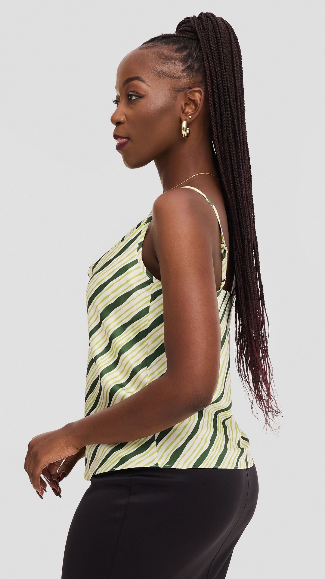 Vivo Cowl Neck Camisole in Satin - Cream / Olive Huwa Print