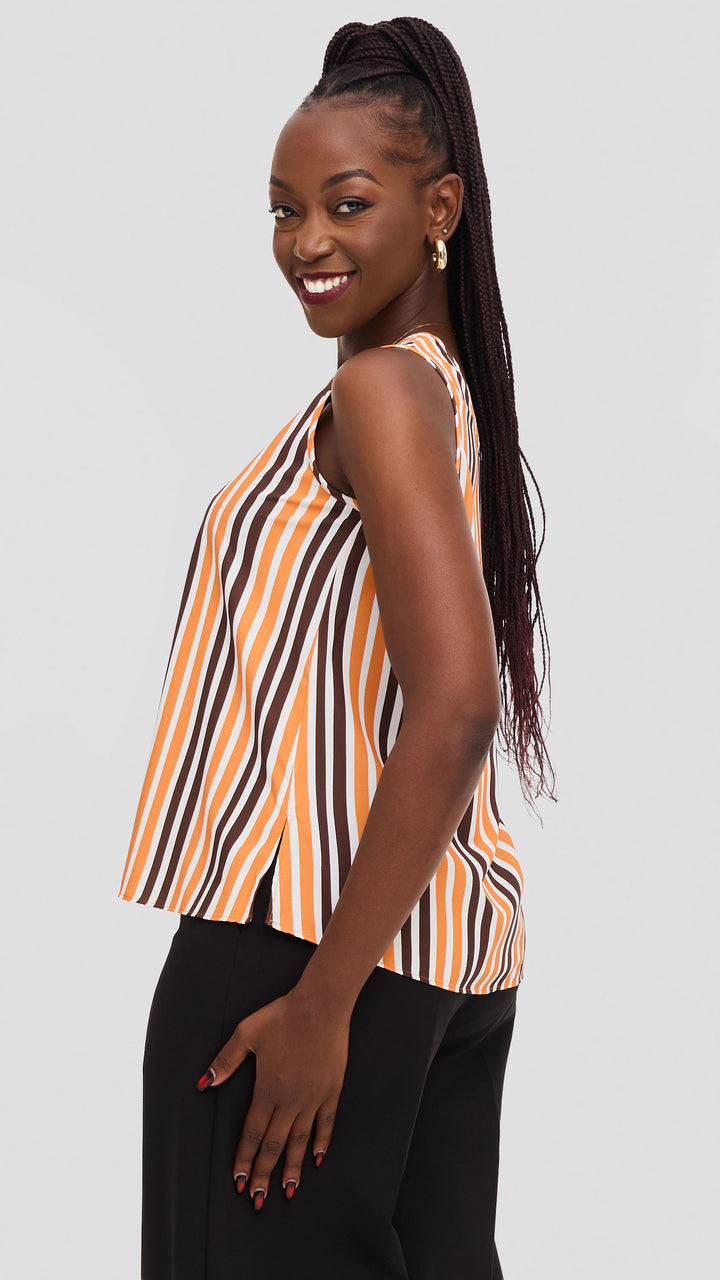 Vivo Liora Scooped Neck Tank Top in Crepe - Orange / Chocolate  Yani Print
