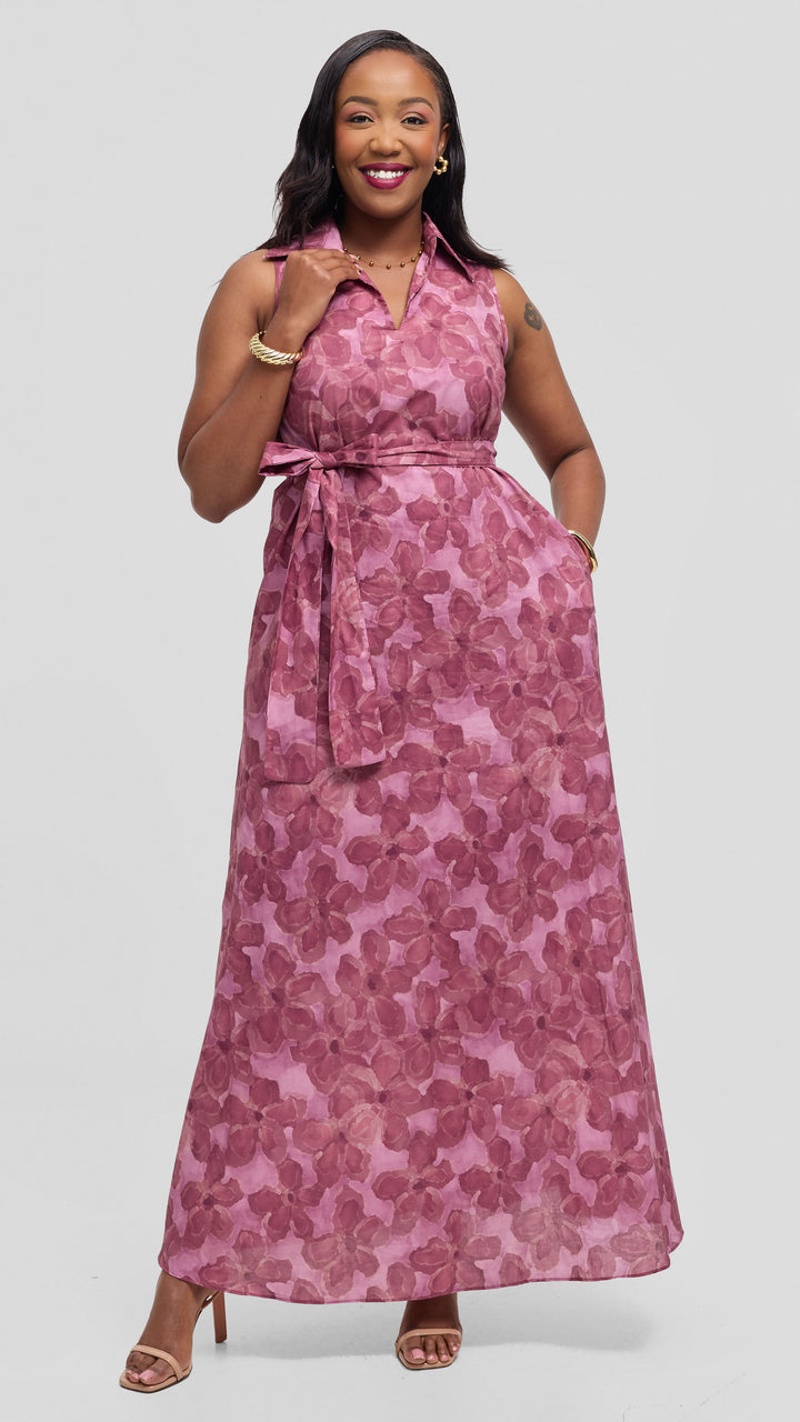 Vivo Sleeveless Maxi Dress in Cotton - Dusty Pink / Burgundy Print