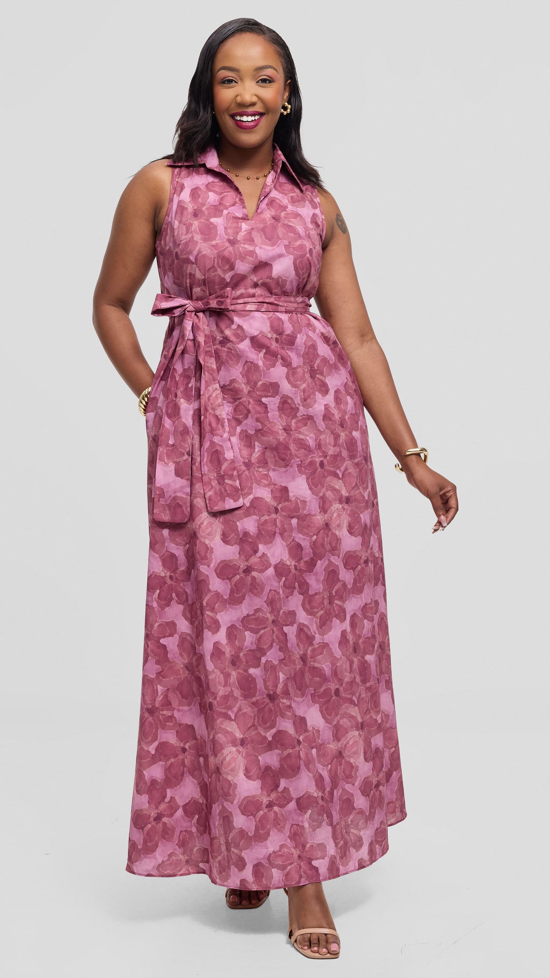 Vivo Sleeveless Maxi Dress in Cotton - Dusty Pink / Burgundy Print