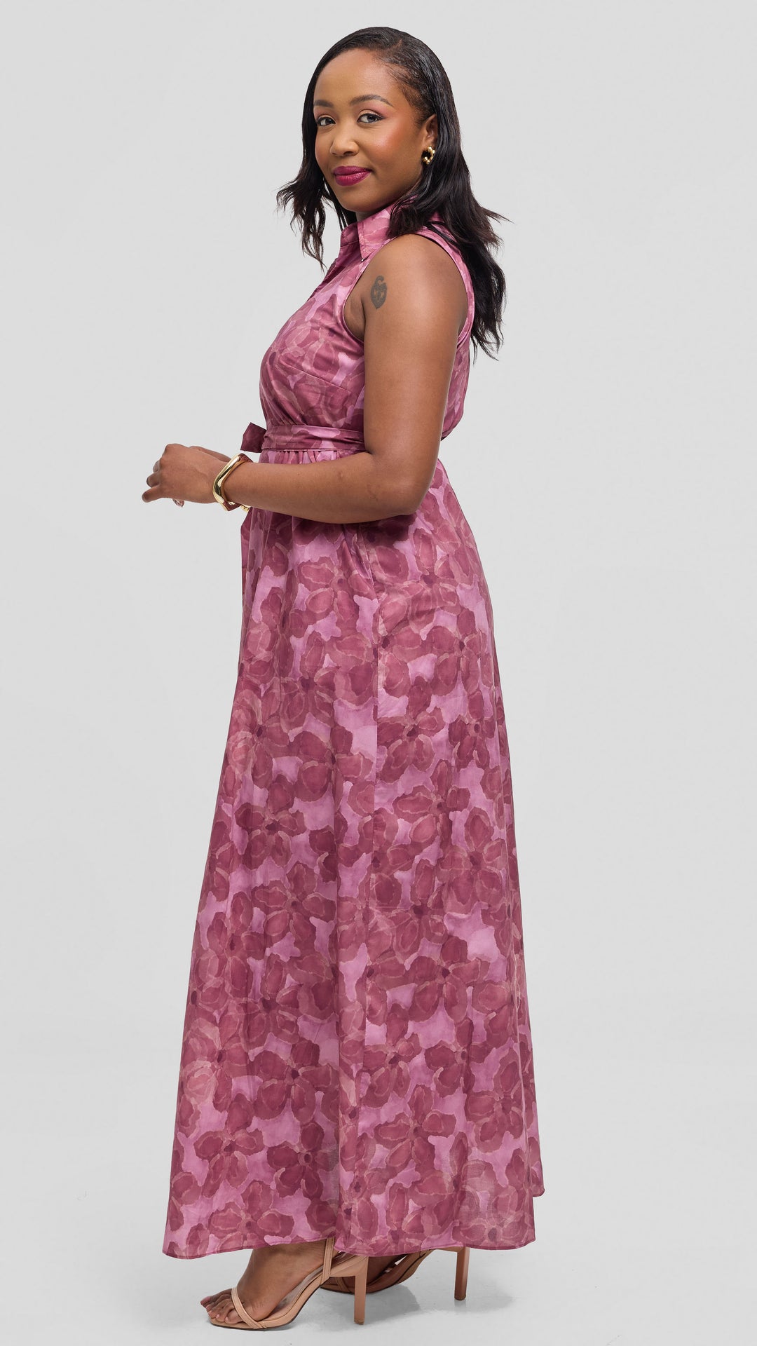 Vivo Sleeveless Maxi Dress in Cotton - Dusty Pink / Burgundy Print