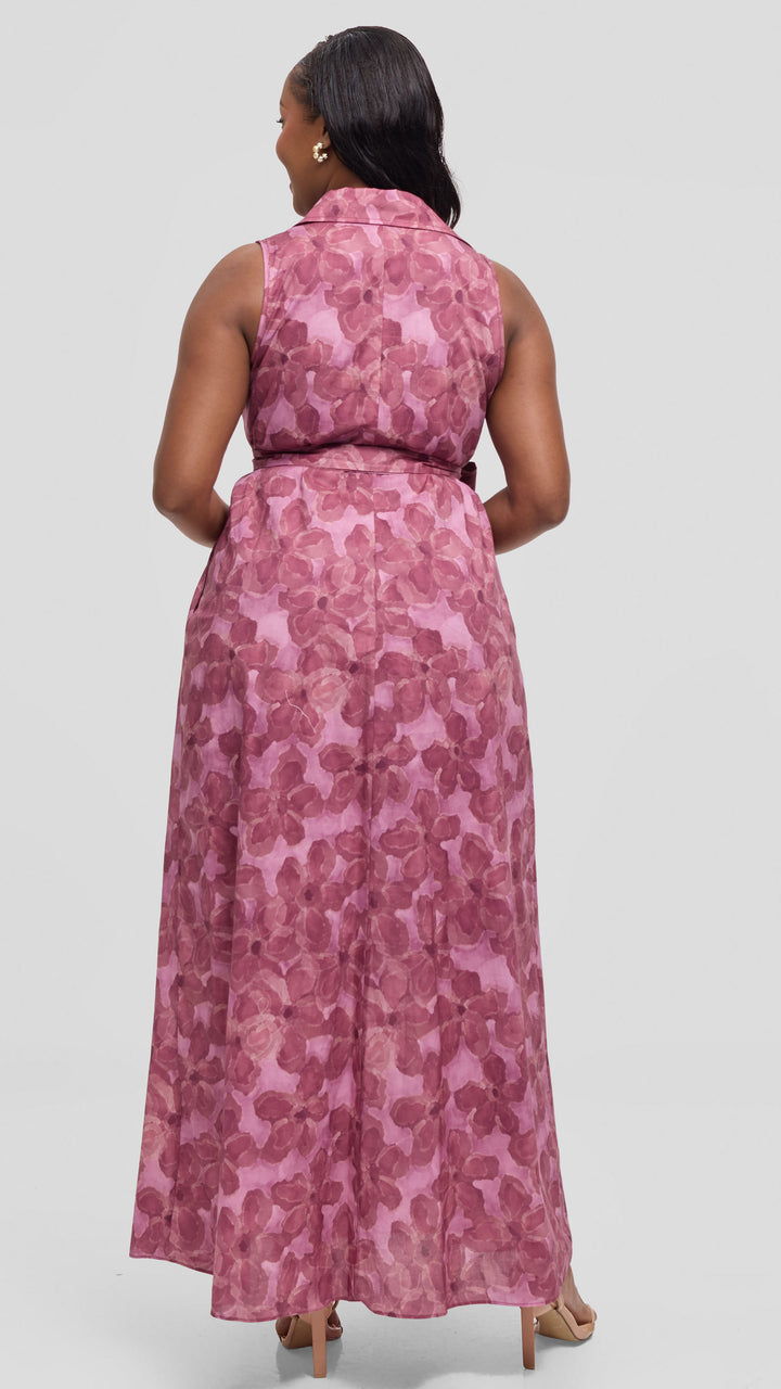 Vivo Sleeveless Maxi Dress in Cotton - Dusty Pink / Burgundy Print