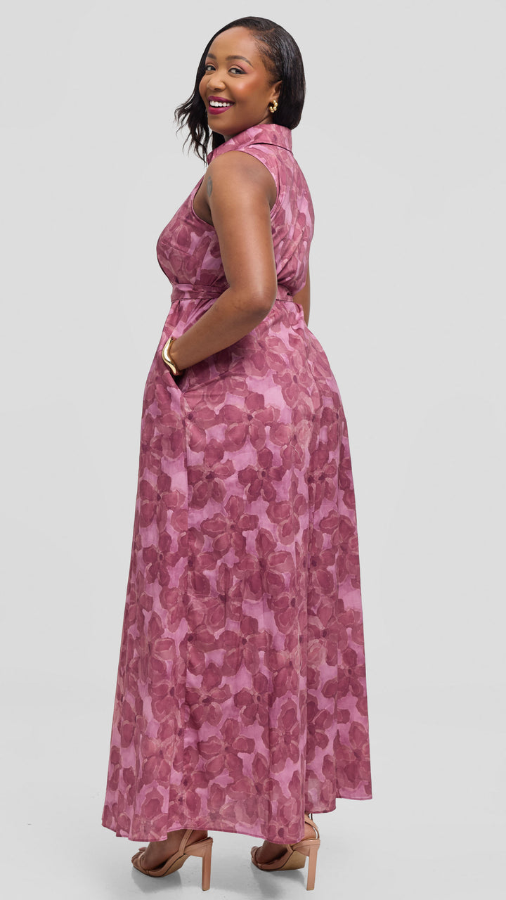 Vivo Sleeveless Maxi Dress in Cotton - Dusty Pink / Burgundy Print