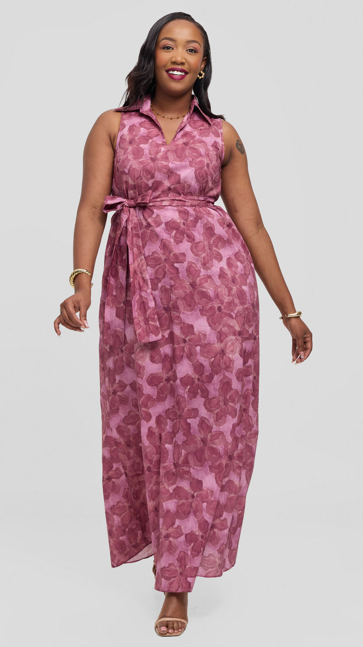 Vivo Sleeveless Maxi Dress in Cotton - Dusty Pink / Burgundy Print