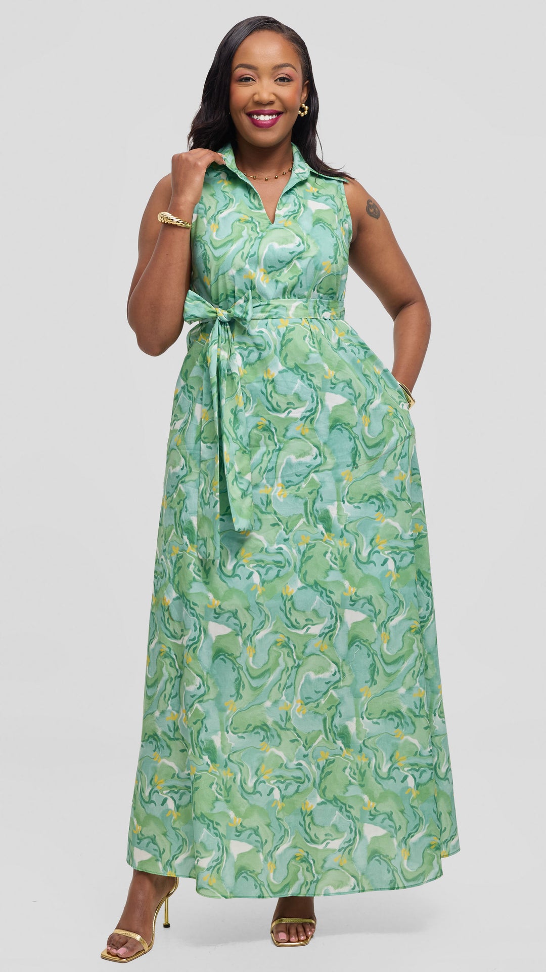 Vivo Sleeveless Maxi Dress in Cotton - Mint / Green Print